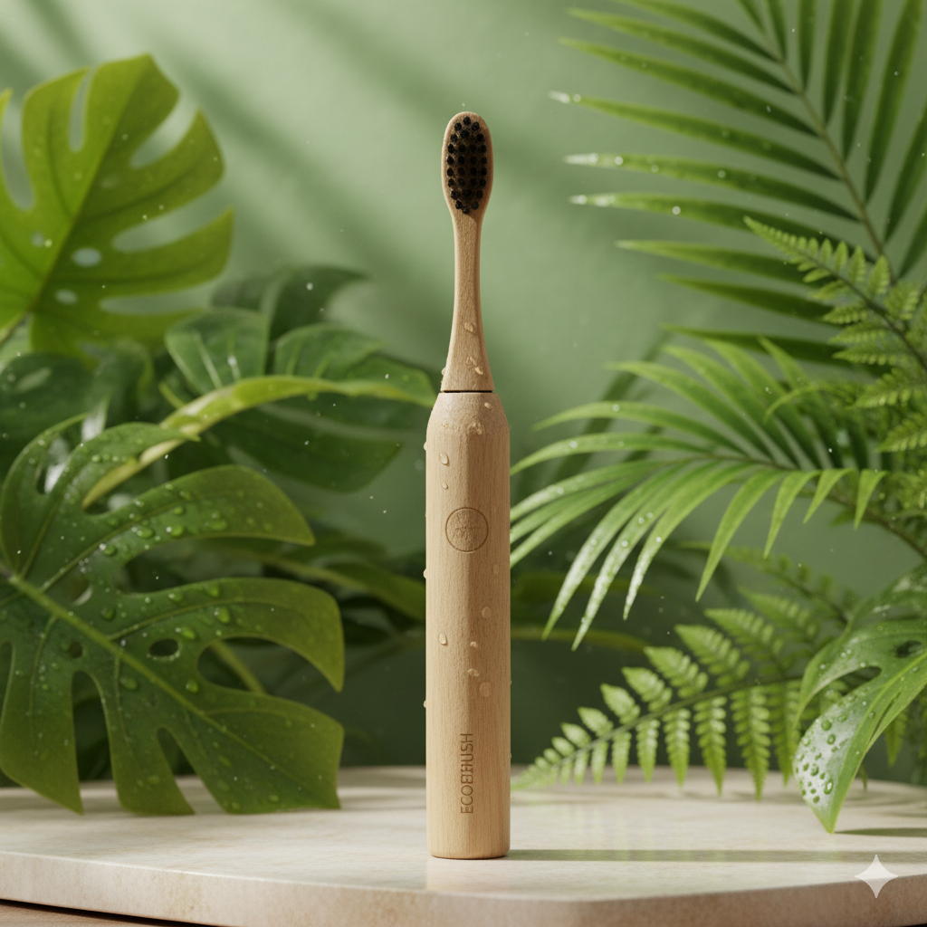Sustainable Electric Toothbrush Manufacturing An eco-friendly electric toothbrush with green leaves in the background