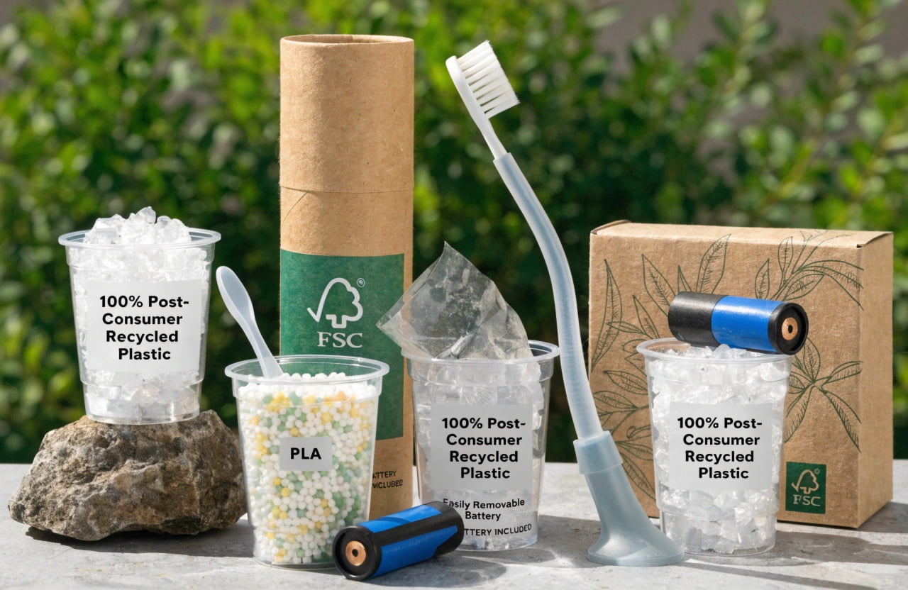 A collection of sustainable materials like PLA pellets, recycled plastic, and FSC paper