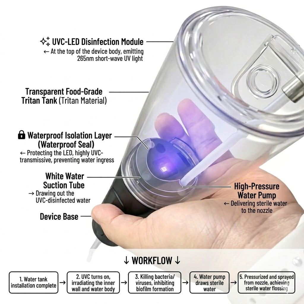 Integrated UV Sanitization Design Diagram showing an integrated UV light in a water flosser