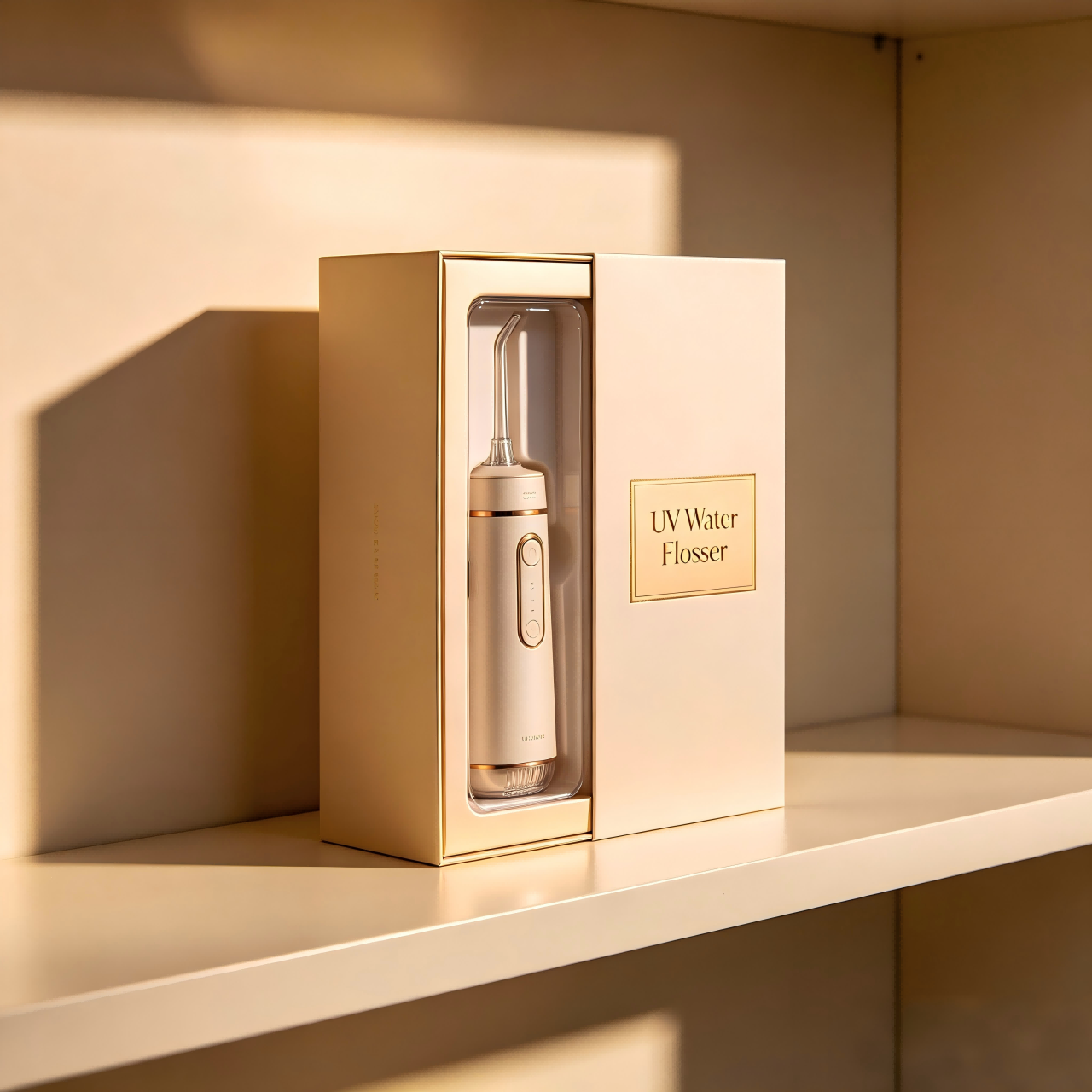 Premium Market Positioning with Clean-Tech A premium packaged UV water flosser on a retail shelf