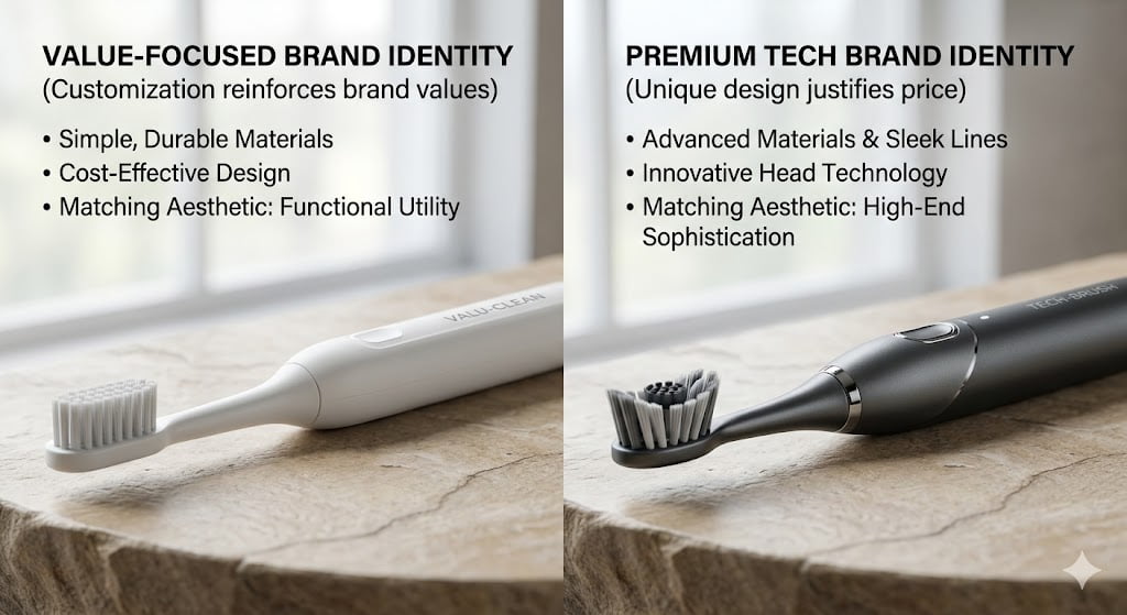 A toothbrush handle and head that have a perfectly matching design aesthetic