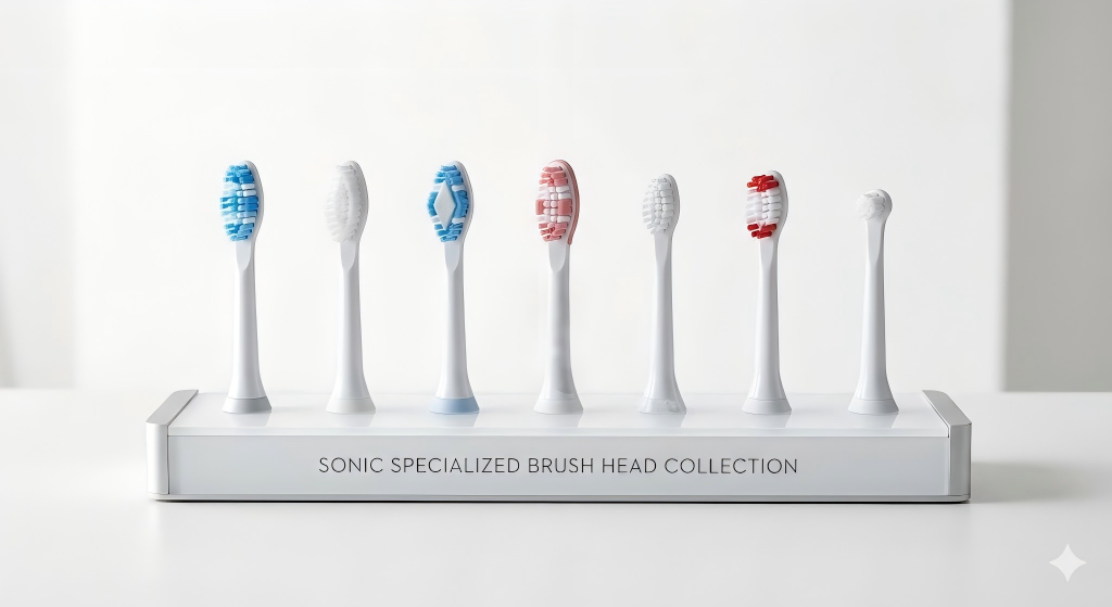 A collection of specialized sonic toothbrush heads on a clean background