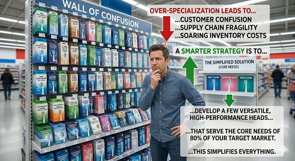 A consumer looking confused at a shelf full of different brush heads