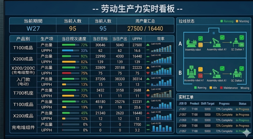 A digital dashboard showing real-time production schedules in a factory