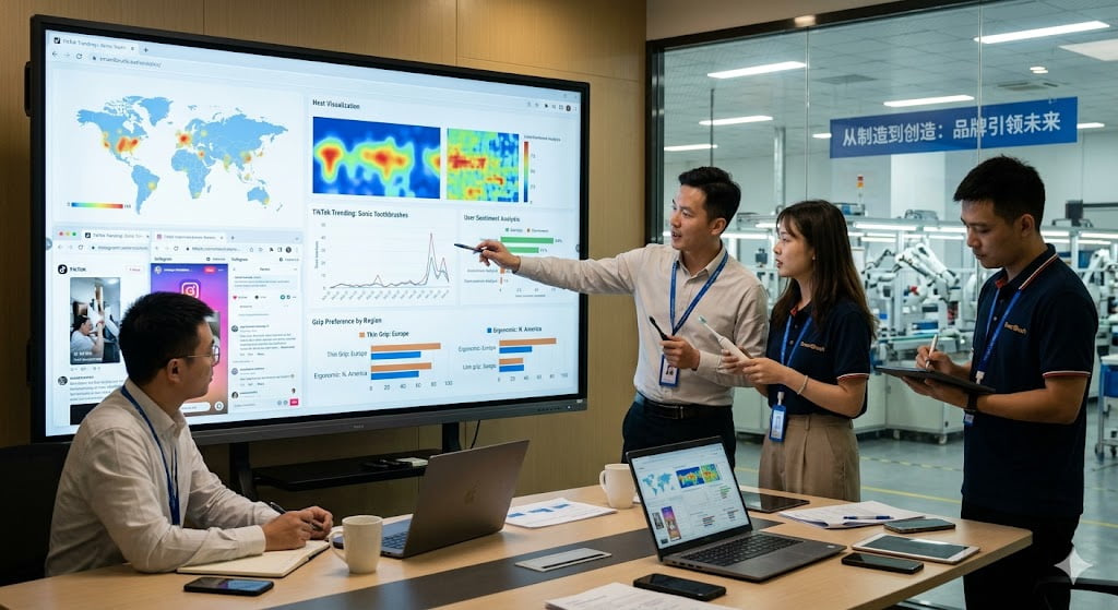 A marketing team analyzing consumer data and social media trends on a screen