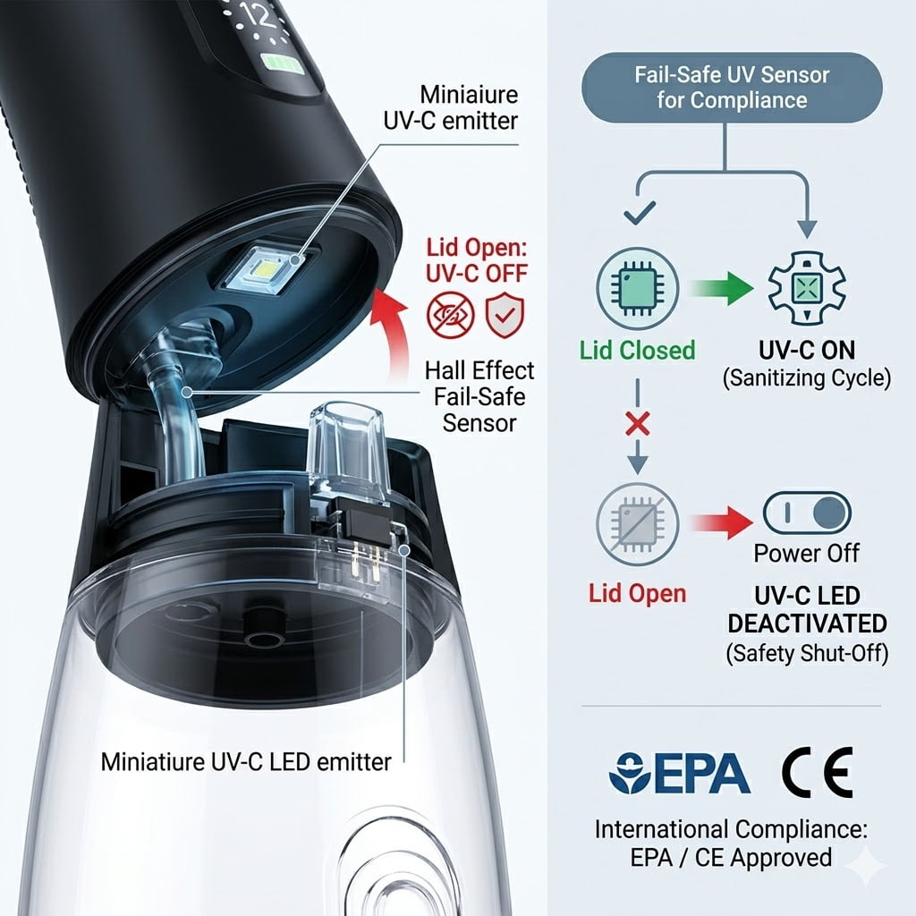 Fail-Safe UV Sensor for Compliance A diagram showing a fail-safe sensor on a water flosser lid