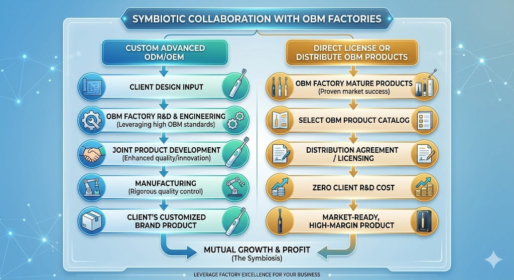 A flowchart showing two paths: custom ODM and direct distribution of an existing brand