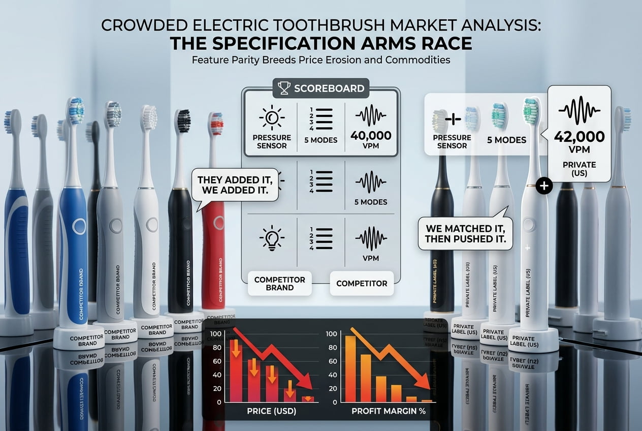 crowded electric toothbrush market analysis electric toothbrush feature comparison showing market homogeneity