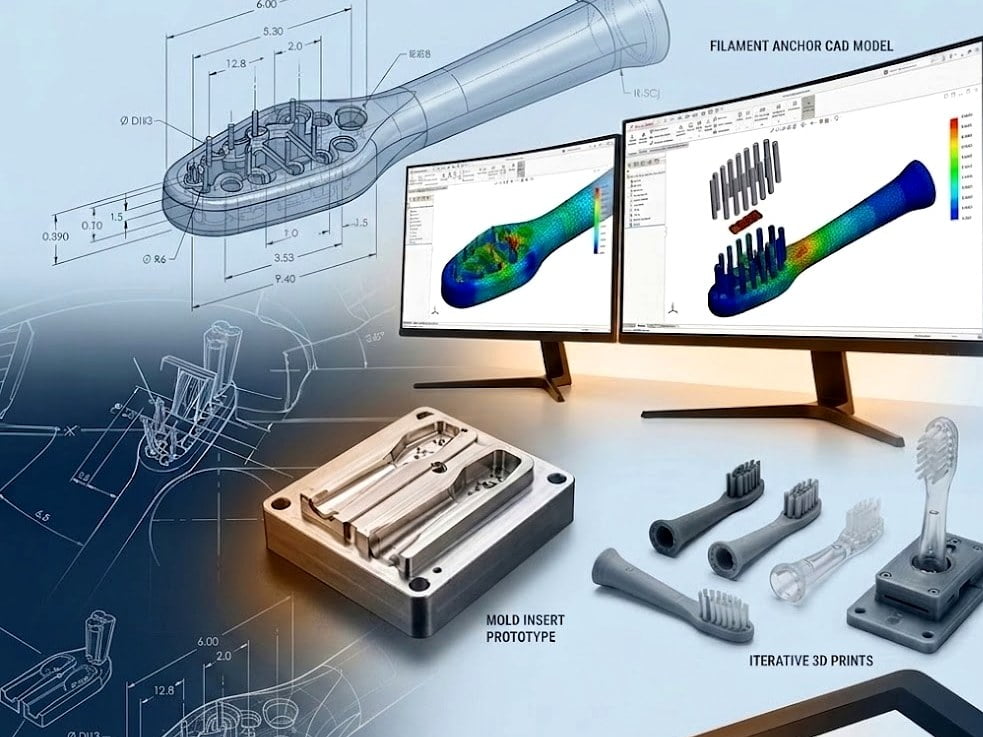 Oral-care product development: CAD model, FEA stress analysis, mold insert prototype and 3D printed brush-head iterations